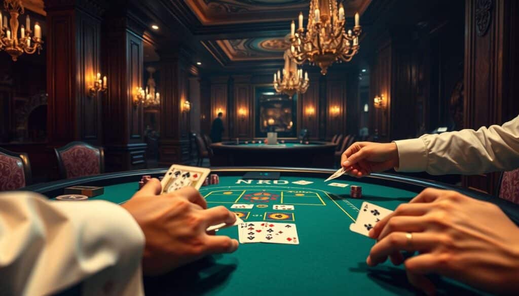 A well-lit, detailed tabletop scene depicting the fundamentals of Baccarat. The green felt table is adorned with casino chips, playing cards, and a dealer's area. In the foreground, a croupier's hand deals cards, showcasing the card dealing mechanics. In the middle ground, players' hands hold cards, demonstrating the gameplay. The background features a luxurious casino interior with chandeliers, ornate columns, and rich, textured walls, creating an atmospheric, high-end ambiance. The lighting is warm and inviting, casting a soft glow over the scene. The camera angle is slightly elevated, providing a comprehensive view of the Baccarat table and its components.