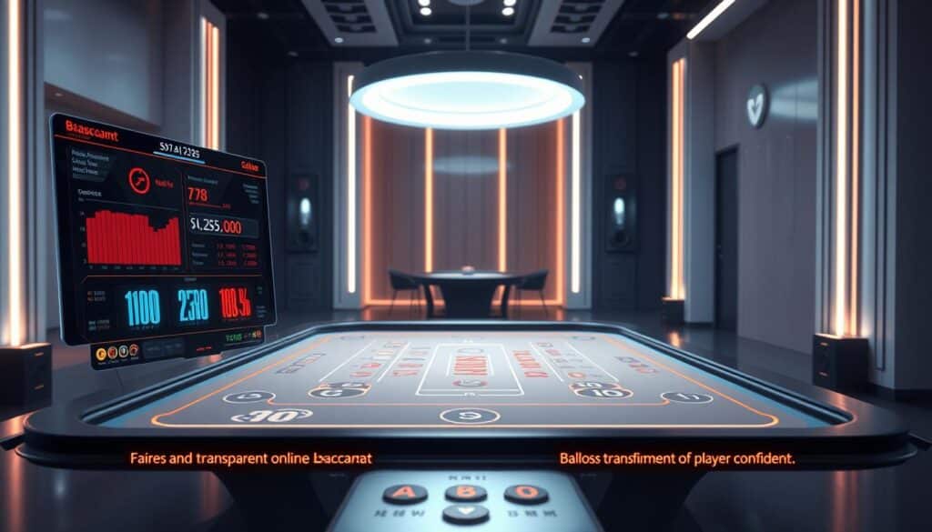 A well-lit, high-resolution image showcasing a secure and transparent online baccarat game. In the foreground, a detailed user interface displaying game statistics, win/loss ratios, and live odds. The middle ground features a sophisticated 3D baccarat table with elegant lighting and shadows, creating an immersive casino ambiance. In the background, a serene, minimalist setting with clean lines and modern design elements, conveying a sense of trust and reliability. The overall composition emphasizes the game's fairness, transparency, and commitment to player confidence, capturing the essence of "百家樂遊戲線上公平性證明".
