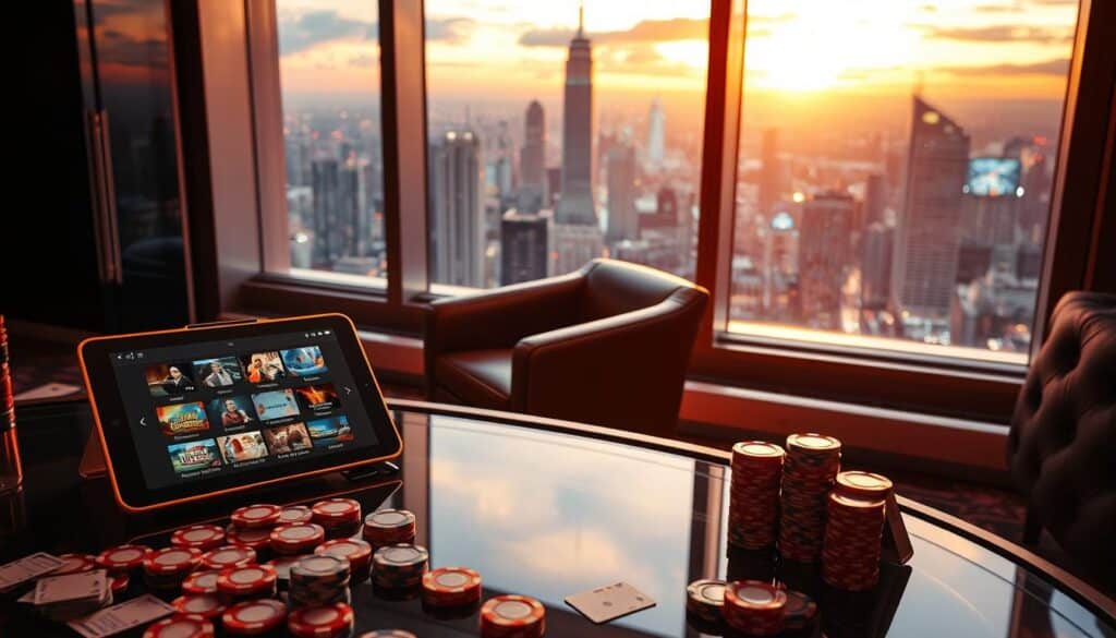 A well-lit interior scene of a modern, luxurious gambling establishment. In the foreground, a glass-topped table with an array of casino chips, cards, and a tablet displaying various online gaming options. Behind it, a sleek leather armchair and a floor-to-ceiling window offering a panoramic view of a vibrant city skyline. The lighting is warm and inviting, creating a sense of sophistication and exclusivity. The overall atmosphere conveys the idea of a carefully curated, high-end entertainment experience, catering to discerning clientele seeking the perfect balance of excitement and comfort.