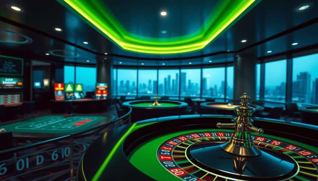 A well-lit, modern online casino lobby with sleek, minimalist design. In the foreground, a closeup view of a digital roulette table, its smooth green surface reflecting the soft lighting. In the middle ground, various casino games like blackjack and baccarat are visible, their interfaces clean and intuitive. The background features a panoramic view of the city skyline, suggesting an urban, cosmopolitan atmosphere. The overall mood is one of sophistication, trustworthiness, and technological innovation, conveying the reliable and secure nature of the online gambling platform.
