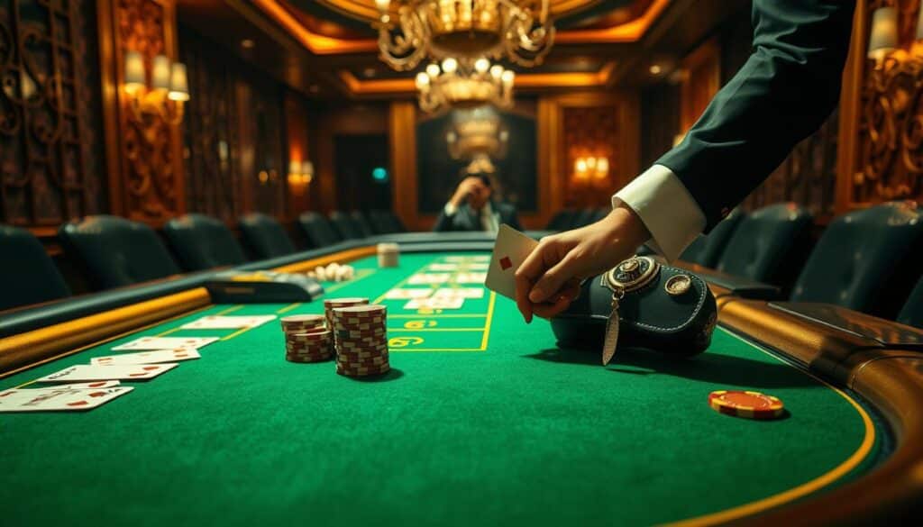 A well-lit tabletop scene showcasing the essential elements of the Baccarat card game. In the foreground, a green felt gaming table with a striking gold-trimmed edge, neatly arranged with playing cards, casino chips, and a elegant Baccarat shoe. The middle ground features a croupier's hand dealing cards, emphasizing the dynamic gameplay. The background depicts a luxurious casino interior, with ornate chandeliers and rich, textured walls, creating an atmosphere of exclusivity and sophistication. Soft, directional lighting casts dramatic shadows, highlighting the game's intricate details and heightening the sense of drama and anticipation.