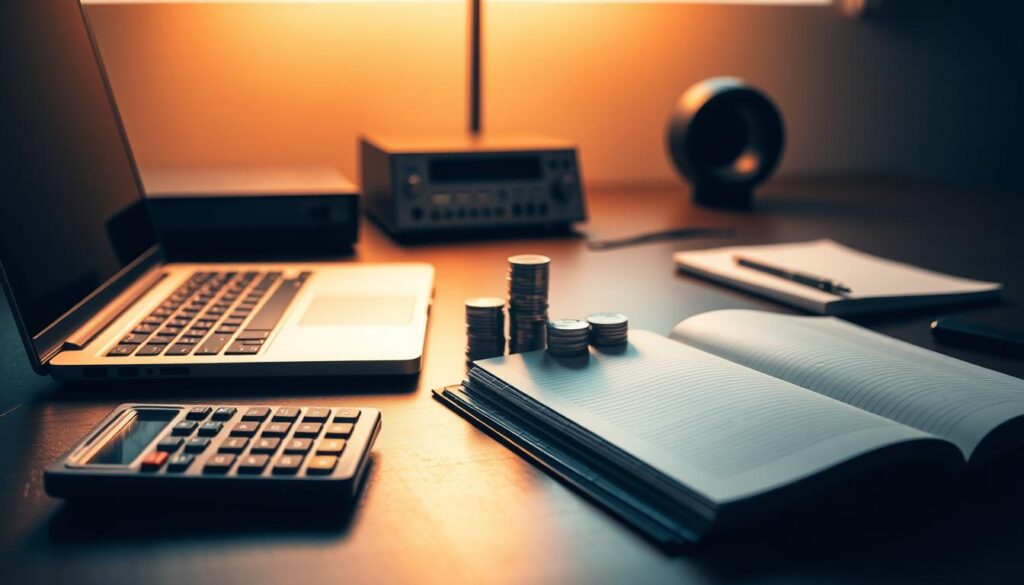 A well-organized desktop with a laptop, calculator, stack of coins, and open notebook demonstrating effective money management strategies. The scene is illuminated by warm, directional lighting that casts subtle shadows, creating a focused and contemplative atmosphere. The foreground features the financial tools, while the background showcases a minimalist office setting with clean lines and muted colors, allowing the central elements to take the spotlight. The overall composition conveys a sense of control, discipline, and strategic financial planning.