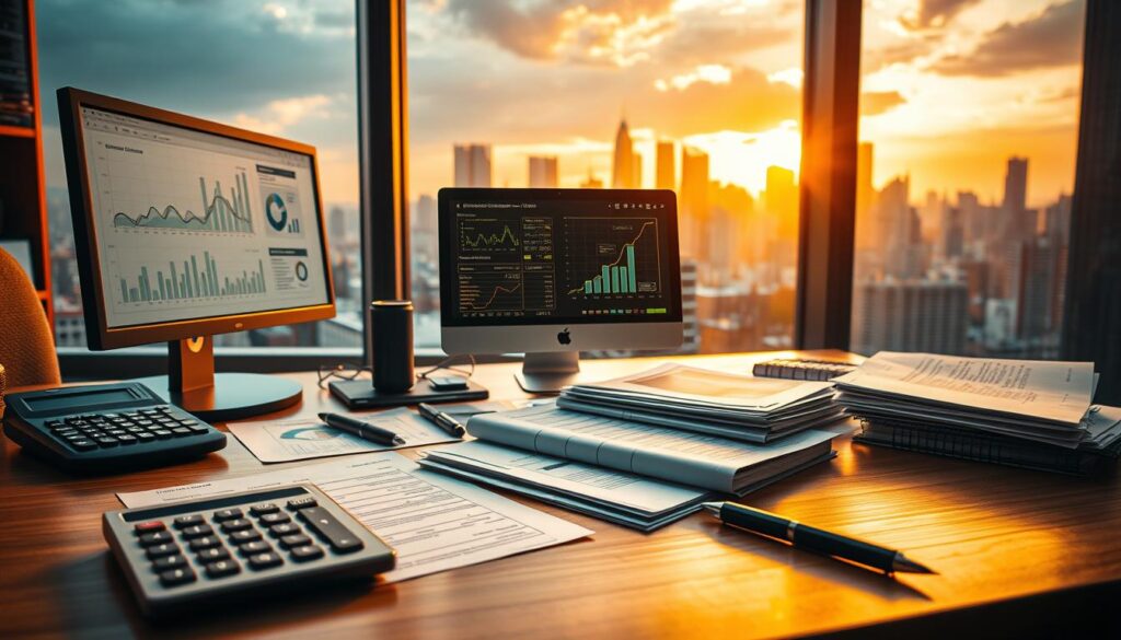 A well-organized office desk with various financial management tools and documents, bathed in warm, soft lighting from a large window overlooking a bustling city skyline. In the foreground, a calculator, pen, and stack of neatly arranged papers symbolize the meticulous attention to detail required for effective financial management. The middle ground features a desktop computer displaying analytical charts and graphs, while the background showcases the urban landscape, suggesting the broader economic context in which these financial decisions are made. An atmosphere of focus, discipline, and strategic foresight permeates the scene, reflecting the key elements of successful resource allocation.