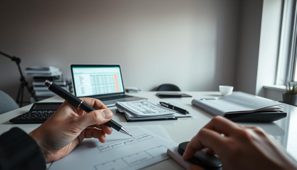 A well-organized office space with various financial documents, ledgers, and calculators arranged neatly on a modern, minimalist desk. The lighting is soft and diffused, creating a serene atmosphere that encourages focus and attention to detail. In the foreground, a hand holds a pen, ready to meticulously record transactions and monitor cash flow. The middle ground features a laptop displaying a spreadsheet, symbolizing the digital aspect of modern financial management. In the background, a calm, neutral-toned wall provides a clean backdrop, allowing the financial tools and documents to take center stage. The overall composition conveys a sense of control, efficiency, and a methodical approach to managing resources.