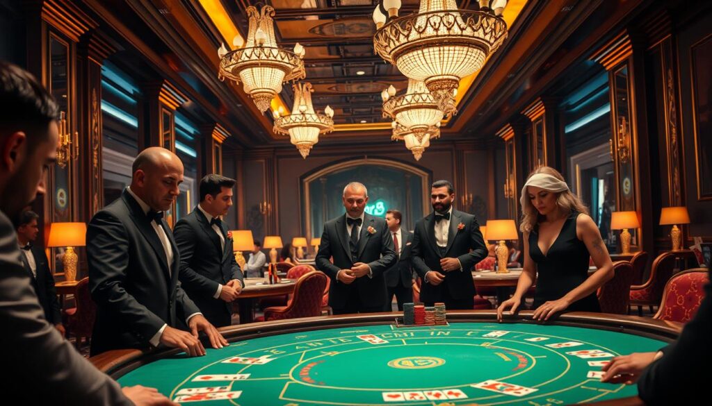 An elegant casino interior with a baccarat table in the foreground, the green felt surface illuminated by warm, focused lighting. Dealers in crisp black uniforms stand ready, a deck of cards and chips neatly arranged. In the middle ground, high-roller players observe the game intently, expressions of concentration. The background showcases the grandeur of the venue, ornate chandeliers, and plush furnishings evoking an atmosphere of sophistication and high-stakes excitement. The scene conveys the precision and finesse involved in mastering baccarat strategy.
