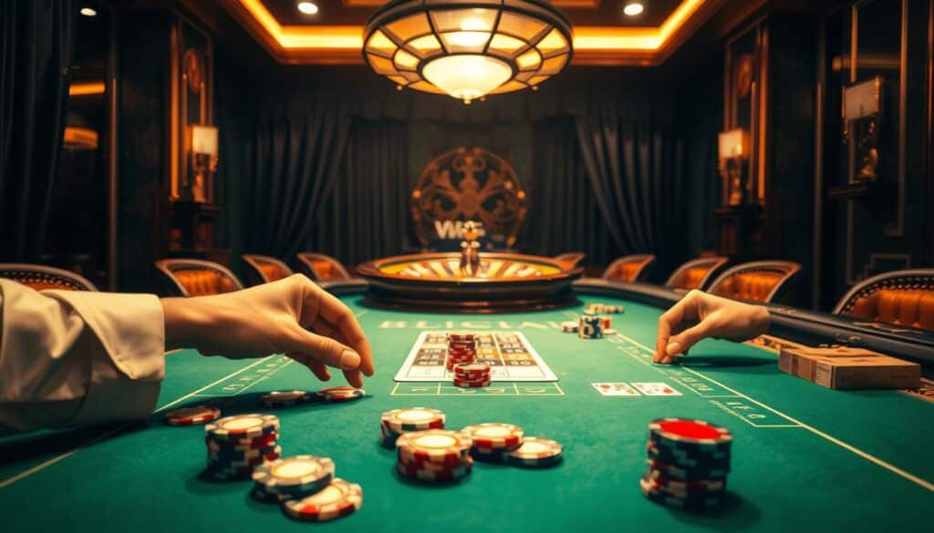 An elegant casino table, dimly lit with warm overhead lighting, casting a soft glow on the green felt surface. In the foreground, a pair of hands carefully arranging casino chips in patterns, representing different betting strategies. The middle ground features a roulette wheel and deck of cards, symbolizing the various gaming elements. In the background, a luxurious, art deco-inspired interior with plush velvet curtains and gilded accents, evoking the opulent atmosphere of a high-end gaming establishment. The scene conveys a sense of concentration, strategy, and the allure of the baccarat game.