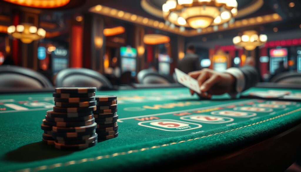 An elegant casino table with a verdant green felt surface, illuminated by warm, sophisticated lighting. In the foreground, a stack of casino chips in a variety of denominations, suggesting thoughtful betting strategies. The middle ground features a hand holding playing cards, conveying the intuitive decision-making process of an experienced gambler. In the background, a blurred view of the bustling casino environment, hinting at the high-stakes excitement of the game. The overall atmosphere is one of calculated risk, strategic planning, and the thrill of the wager.