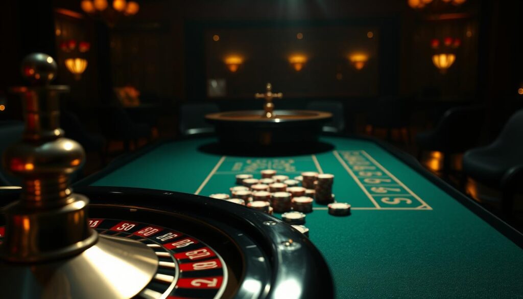 An elegant illustration of the Martingale system, a classic casino betting strategy. In the foreground, a roulette wheel spins, its metallic surface catching the light in a captivating display. The middle ground features a spread of casino chips in various denominations, neatly arranged to convey the system's incremental nature. In the background, a dimly lit casino interior sets the mood, with subtle highlights illuminating the table's green felt and surrounding shadows. The scene exudes a sense of poise and sophistication, befitting the strategic nature of the Martingale approach.