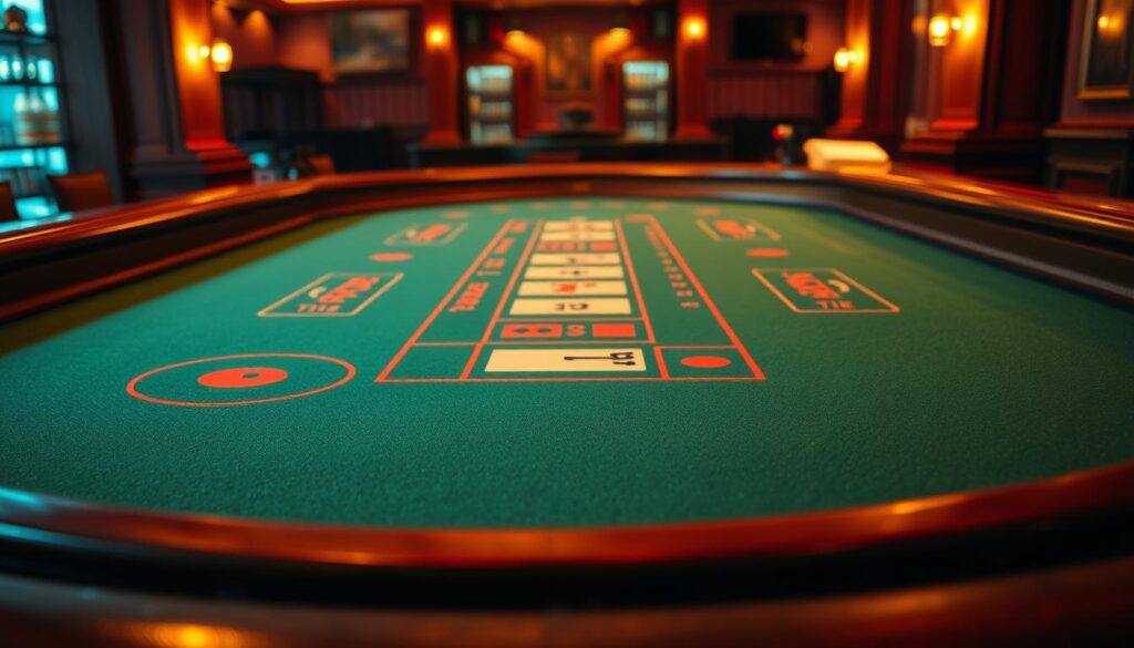 Detailed close-up view of the Baccarat table, showcasing the green felt surface, wooden frame, and classic casino ambiance. The table is illuminated by warm, diffused lighting, creating a cozy and inviting atmosphere. The layout of the table features the traditional Baccarat betting areas, with clear markings for the Player, Banker, and Tie bets. The table is empty, allowing the viewer to focus on the game mechanics and fundamental betting strategies.
