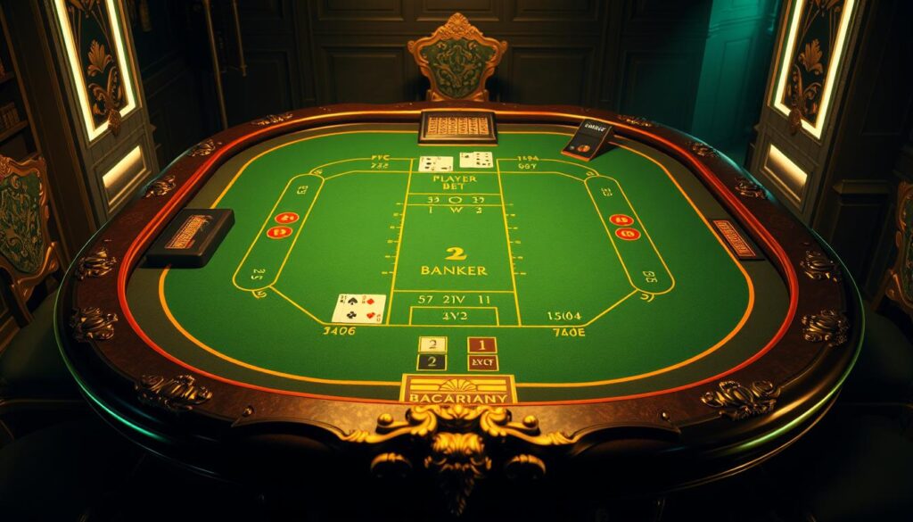 Detailed illustration of the fundamental rules of baccarat game. A luxurious casino table with green felt surface, surrounded by golden accents and ornate carvings. The table's layout clearly showcases the player and banker bet areas, as well as the tie bet option. Soft, warm lighting casts an elegant glow over the scene, creating an atmosphere of sophistication and high-stakes gambling. The perspective is slightly angled, providing a comprehensive view of the table's key features. The overall composition emphasizes the classic, timeless nature of this iconic casino game.