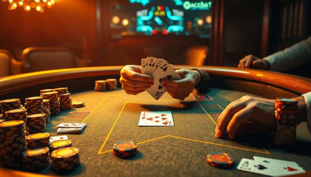 Detailed tabletop scene depicting the classic Baccarat card game. Warm, ambient lighting casts a golden glow across a felt-covered table with elegant wooden trim. Rows of casino chips in various denominations, a deck of playing cards, and a Baccarat shoe are neatly arranged. In the center, a pair of hands deal the cards, revealing the game's fundamental mechanics. The overall atmosphere conveys the excitement and sophisticated atmosphere of a high-end casino, inviting the viewer to immerse themselves in the rules and strategies of this timeless gambling pastime.