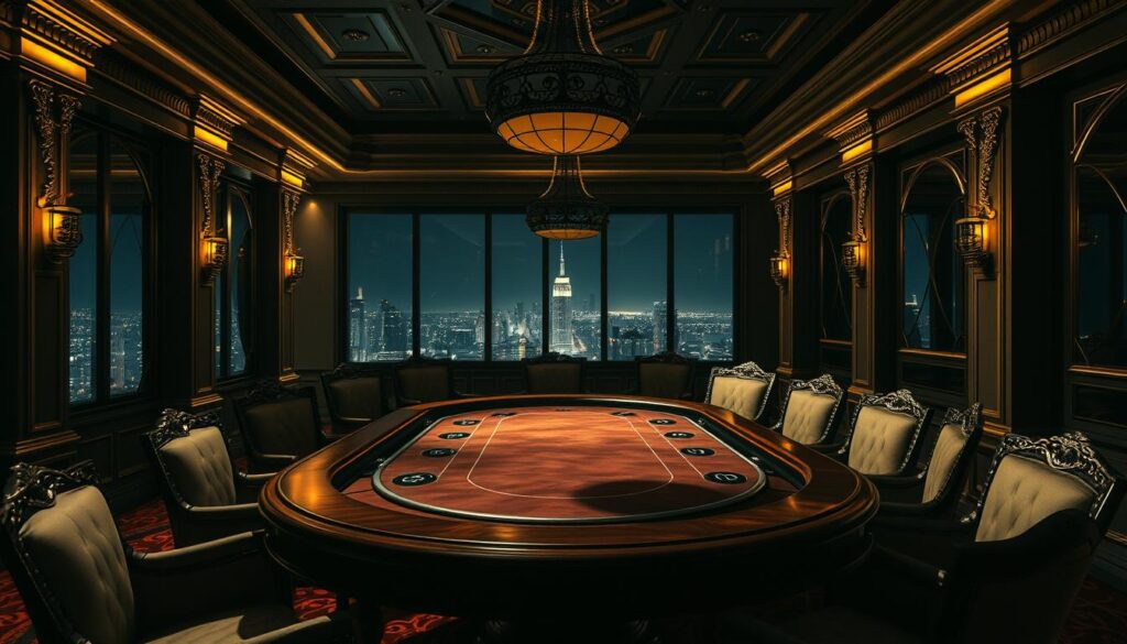 Elegant casino atmosphere with a lush, ornate gaming table at the center. Dramatic chiaroscuro lighting casts dramatic shadows, evoking a sense of high-stakes excitement. The table surface is a rich, polished wood, surrounded by plush upholstered chairs. Gilded accents and detailed moldings create an atmosphere of opulence. In the background, a wall of windows looks out onto a nighttime cityscape, the distant lights twinkling. An air of sophistication and exclusivity pervades the scene, drawing the viewer into the allure of the online casino experience.