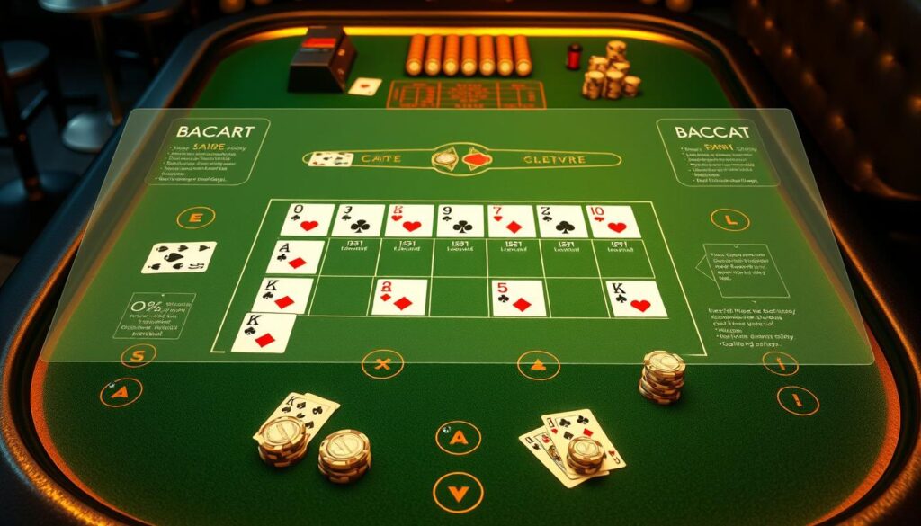 Masterfully rendered casino table with a stylized graphical overlay, showcasing the mechanics and strategies of Baccarat gameplay. Warm, golden lighting illuminates the green felt surface, giving it a professional, high-stakes ambiance. The scene features card suits, chips, and other gaming elements arranged in a visually compelling, informative manner, conveying the nuances of this classic card game. The overall composition strikes a balance between realism and conceptual clarity, inviting the viewer to explore the intricacies of Baccarat and elevate their gameplay.