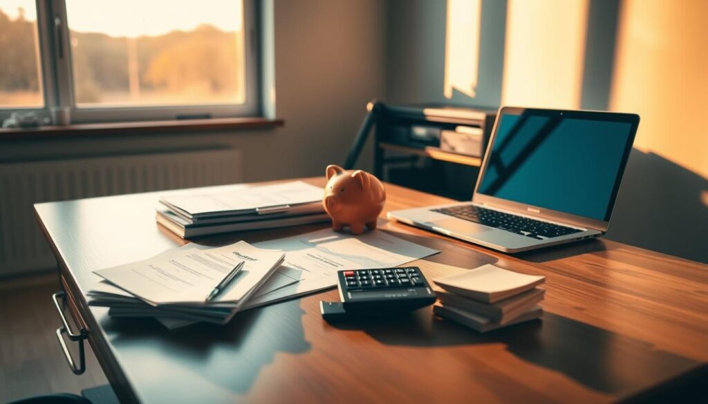a serene home office with a wooden desk, a laptop, and a stack of financial documents neatly arranged. A piggy bank and a calculator sit beside them, symbolizing the importance of personal finance management. The room is bathed in warm, natural lighting from a large window, creating a tranquil and focused atmosphere. Soft shadows cast by the objects suggest a late afternoon setting. The overall composition conveys a sense of order, control, and the thoughtful approach needed for effective financial planning.